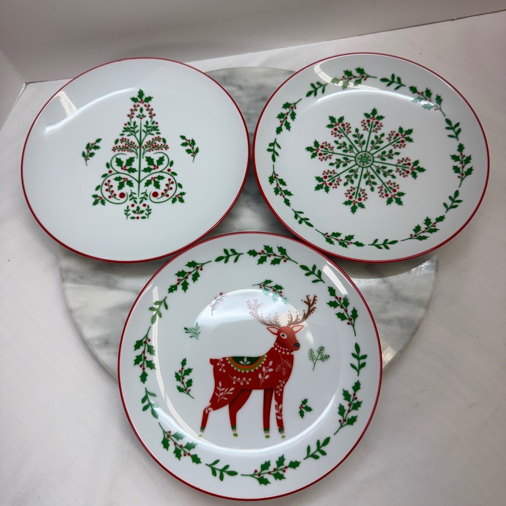 Bee & Willow Christmas‎ Salad App Plates Set of 3 Reindeer Snowflake Tree 7 Inch